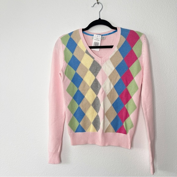 NWT Tommy Hilfiger Y2K Preppy Pattern Cotton Long Sleeve Pink V-Neck Sweater S - Picture 1 of 6